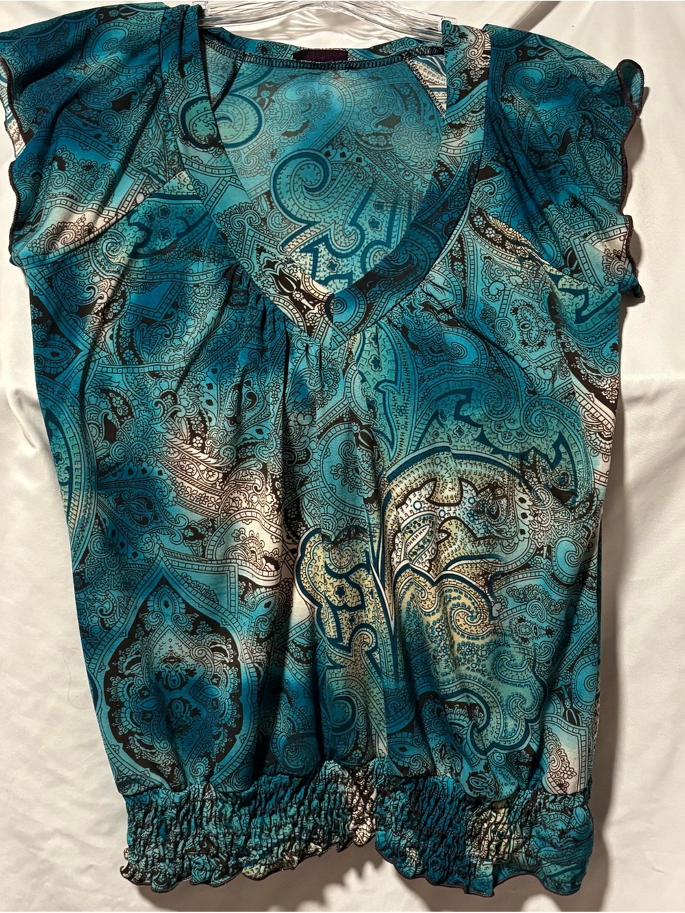 Agenda Teal Paisley V-Neck Blouse Size S